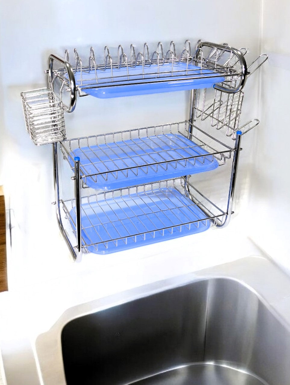 AMOL® Premium Stainless Steel Kitchen Organizer Wall Mount Stand | 3 Tier Kitchen Rack with 3 Plastic Trays | Over Sink Rack