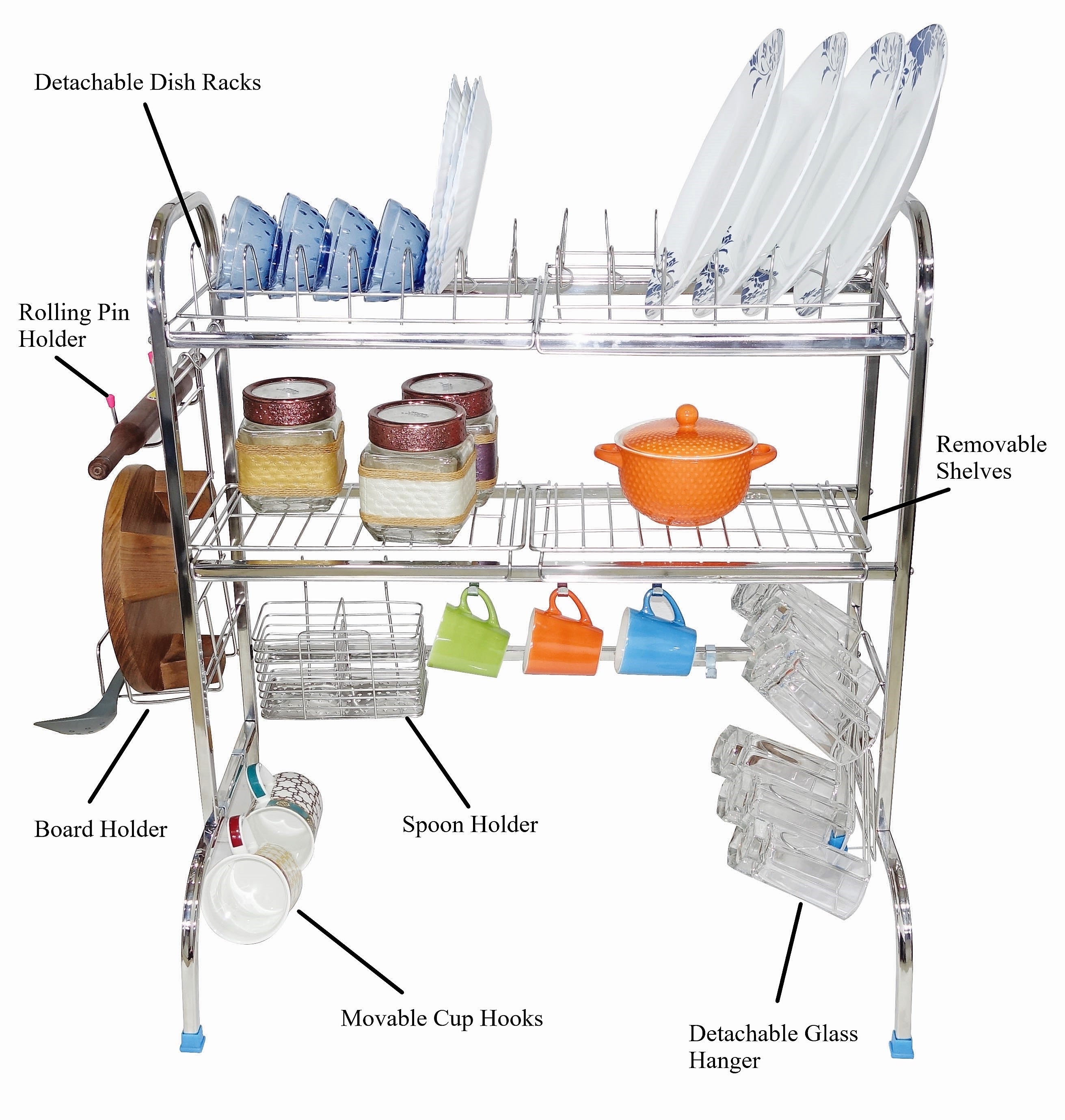AMOL® Premium Stainless Steel Over-the-Sink Dish Rack | 2-Tier Adjustable Kitchen Organizer with Cutlery, Knife & Chopping Board Holder | Rust-Resistant Space Saving Rack for 24 Inch Sink