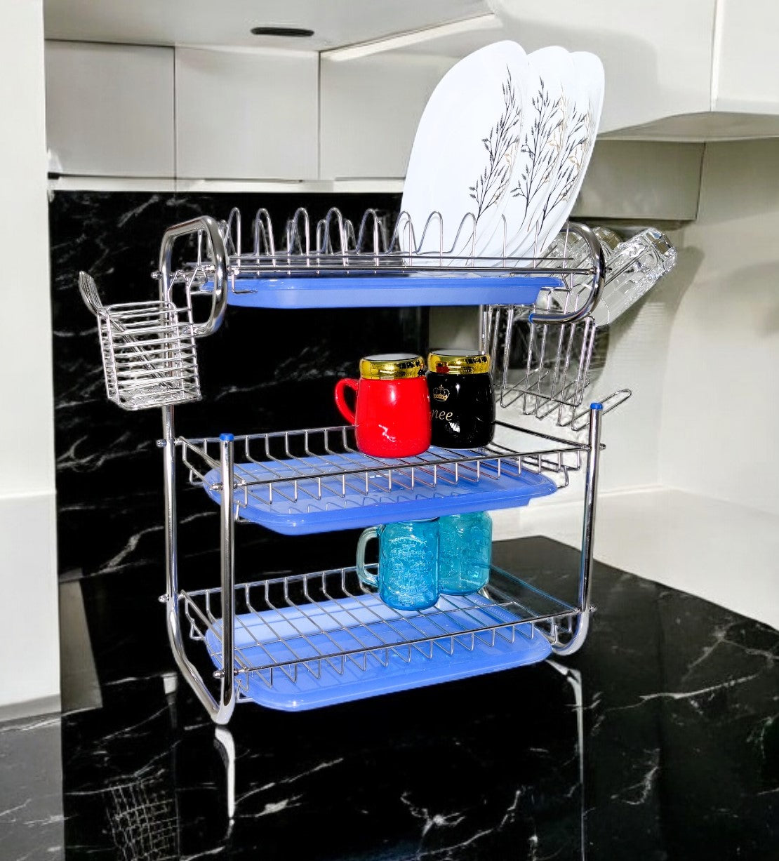AMOL® Premium Stainless Steel Kitchen Organizer Wall Mount Stand | 3 Tier Kitchen Rack with 3 Plastic Trays | Over Sink Rack