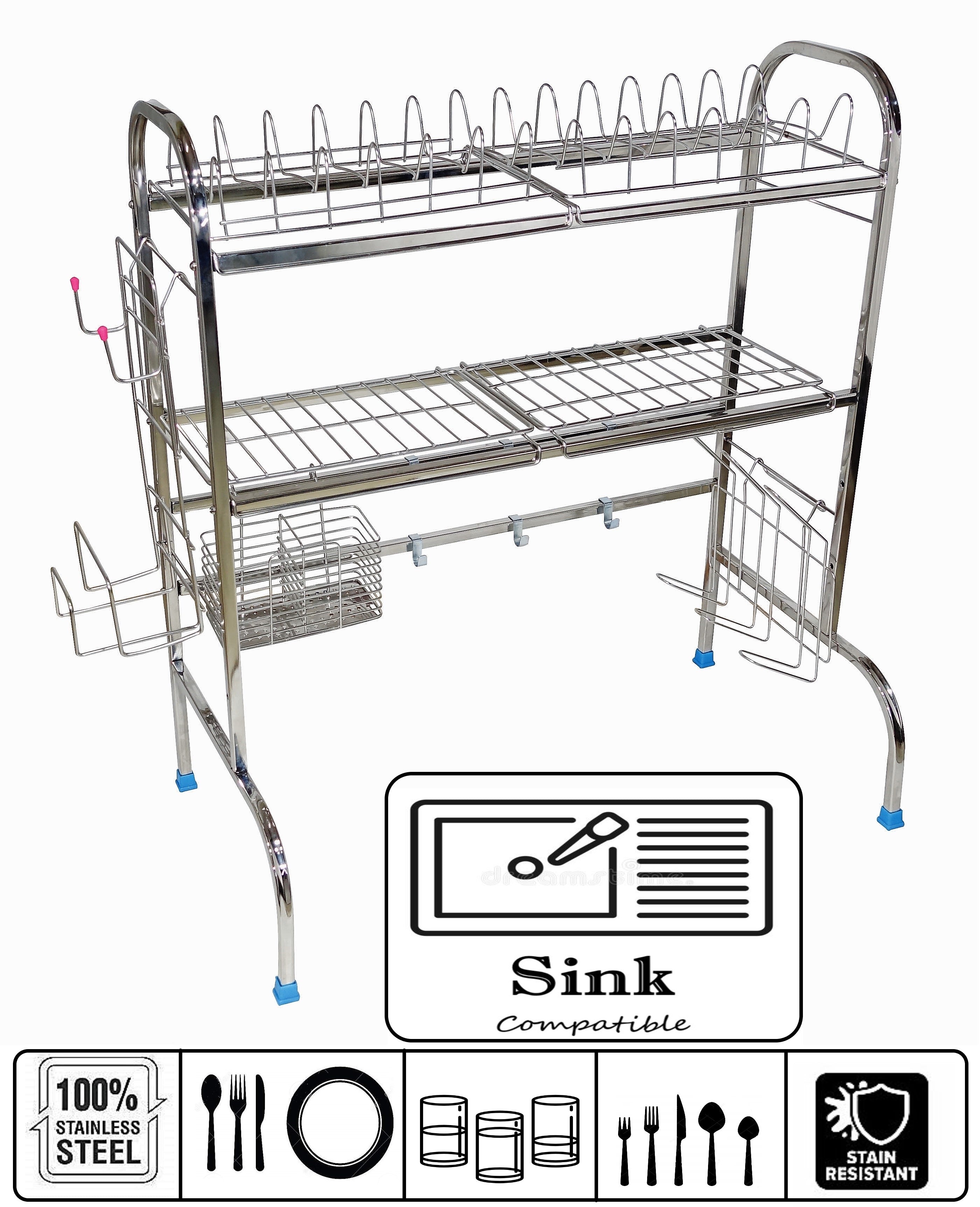 AMOL® Premium Stainless Steel Over-the-Sink Dish Rack | 2-Tier Adjustable Kitchen Organizer with Cutlery, Knife & Chopping Board Holder | Rust-Resistant Space Saving Rack for 24 Inch Sink