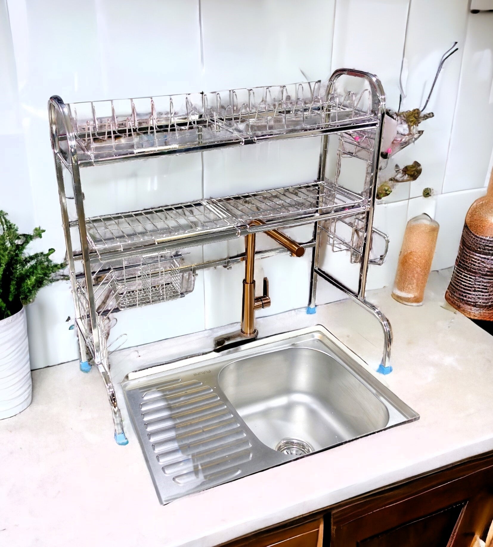 AMOL® Premium Stainless Steel Over-the-Sink Dish Rack | 2-Tier Adjustable Kitchen Organizer with Cutlery, Knife & Chopping Board Holder | Rust-Resistant Space Saving Rack for 24 Inch Sink