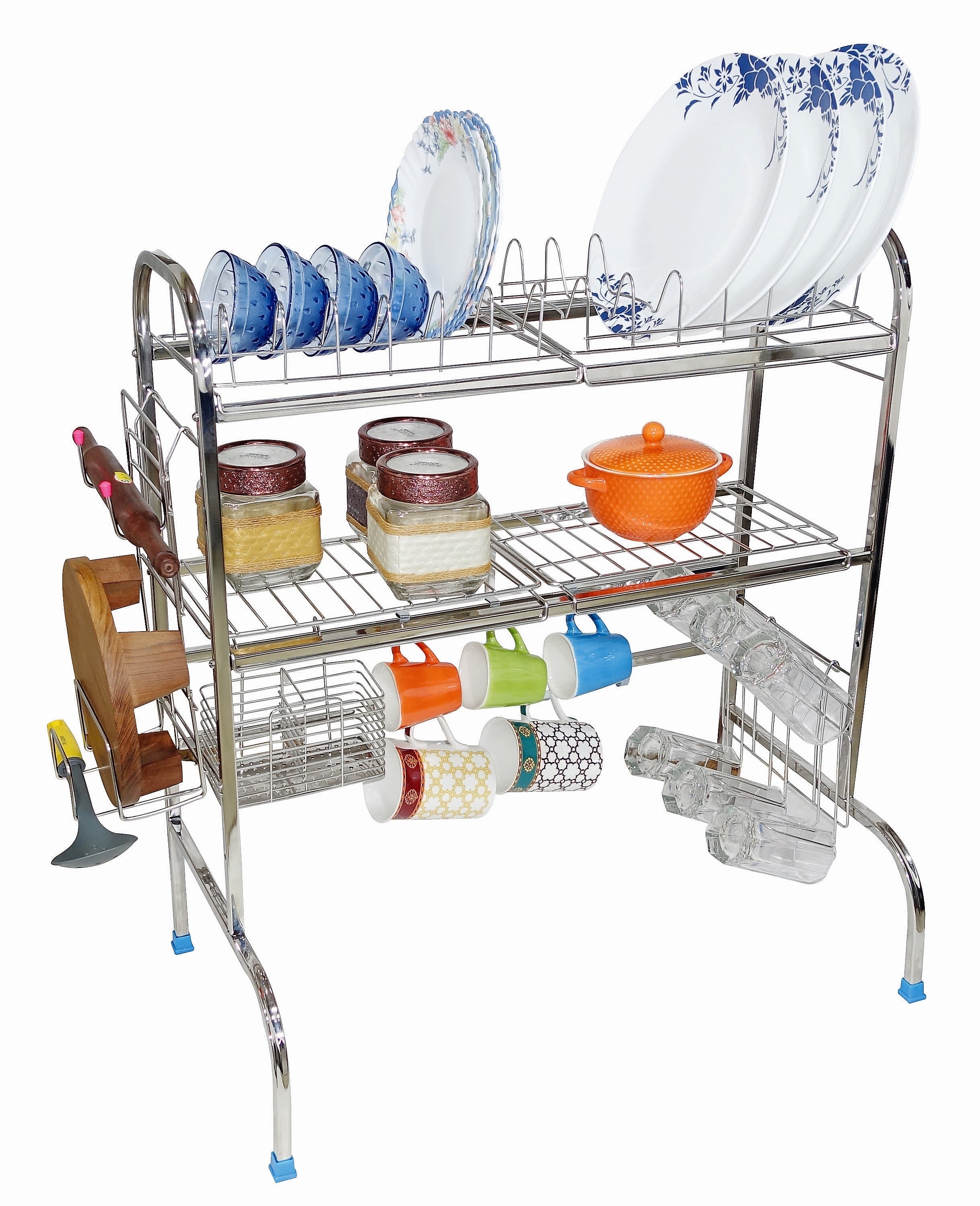 AMOL® Premium Stainless Steel Over-the-Sink Dish Rack | 2-Tier Adjustable Kitchen Organizer with Cutlery, Knife & Chopping Board Holder | Rust-Resistant Space Saving Rack for 24 Inch Sink